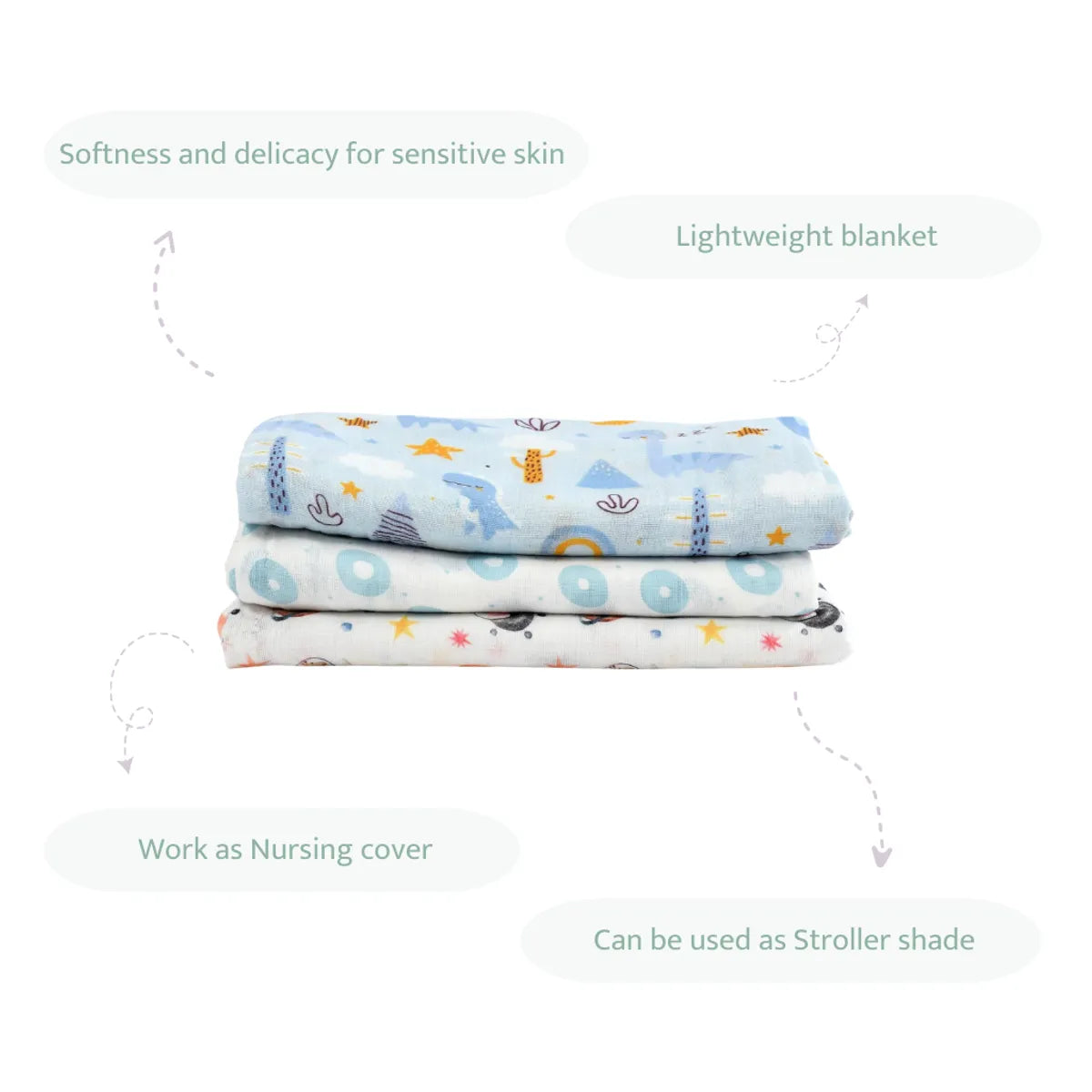 100% Cotton Muslin Swaddles – Set of 3 Blue