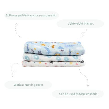 100% Cotton Muslin Swaddles – Set of 3 Blue