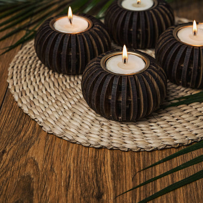 Cerra Pine Wood Tealight Candle Holder SET OF 4 | Cozy Bedroom & Spa Ambiance Decor