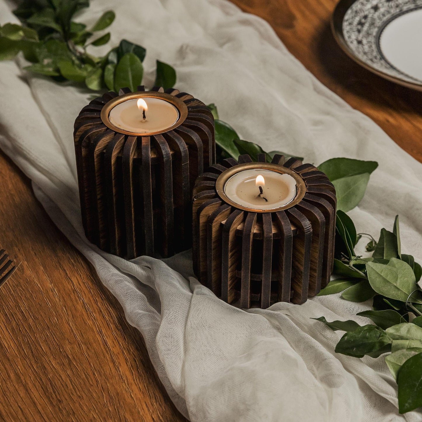 Celeste Pine Wood Tealight Candle Holder | Minimalist Wooden Votive Decor