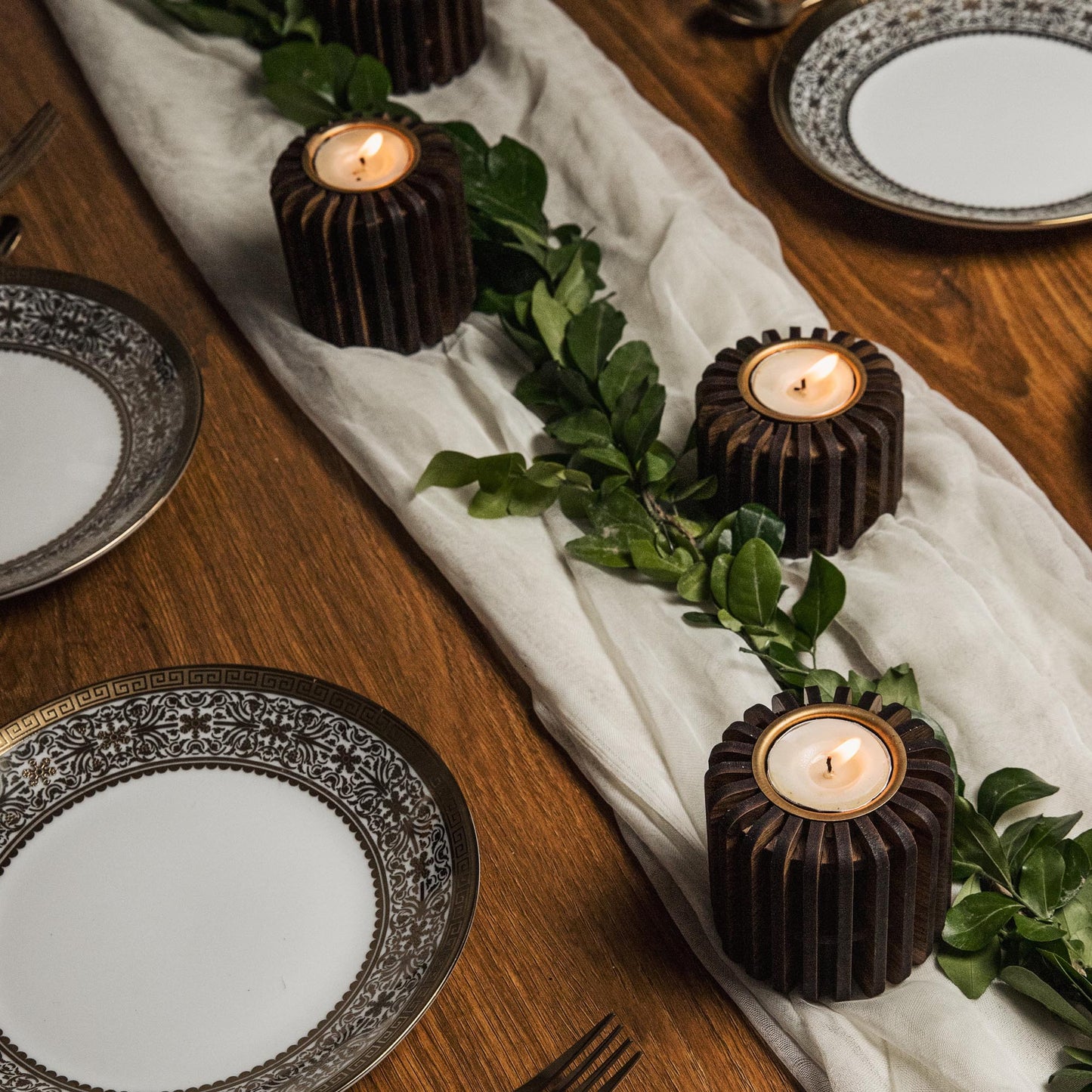 Celeste Pine Wood Tealight Candle Holder | Minimalist Wooden Votive Decor
