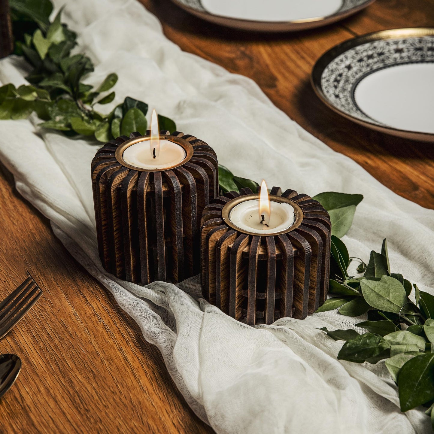 Celeste Rustic Pine Wood Candle Stand | Dinner Table Votive Centerpiece Set of 6