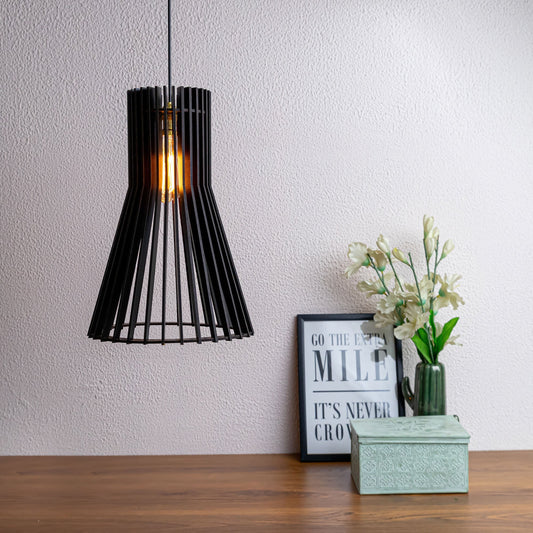 Cosie Black Engineered Wood Ceiling Pendant Lamp | Flared Slatted Hanging Light