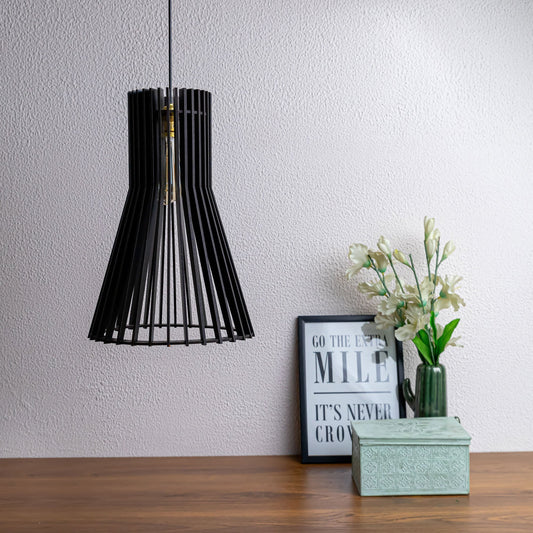 Cosie Black Engineered Wood Ceiling Pendant Lamp | Flared Slatted Hanging Light