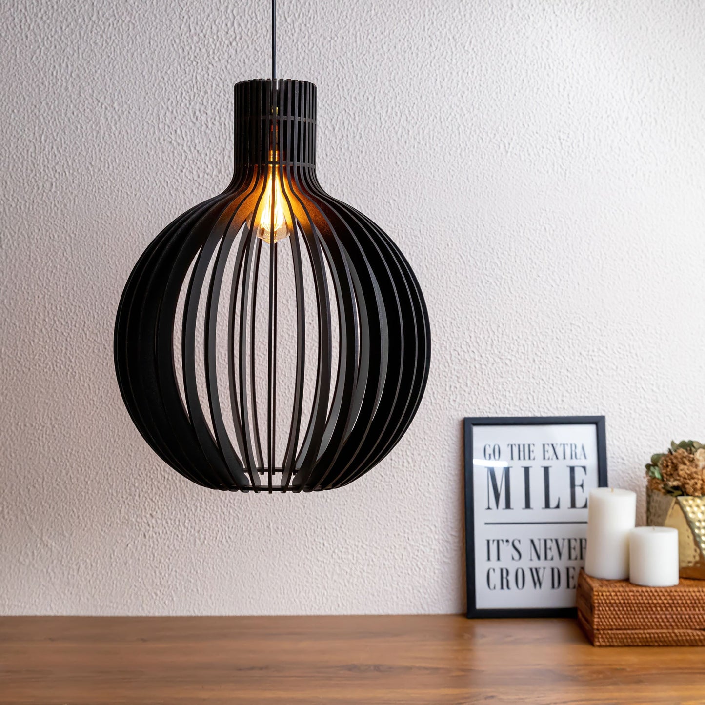 Cazol Black Engineered Wood Ceiling Pendant Lamp | Large Globe Slatted Hanging Light
