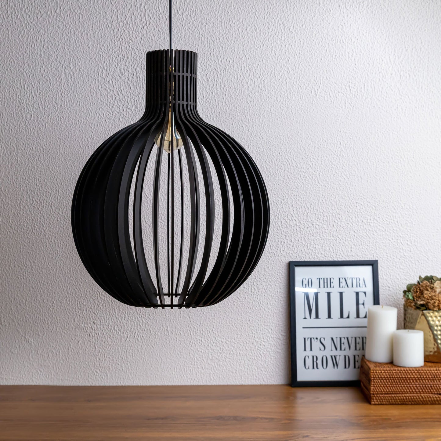 Cazol Black Engineered Wood Ceiling Pendant Lamp | Large Globe Slatted Hanging Light