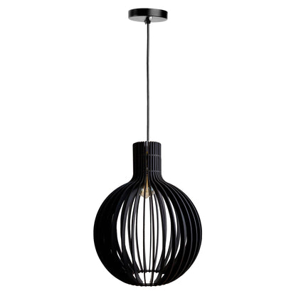 Cazol Black Engineered Wood Ceiling Pendant Lamp | Large Globe Slatted Hanging Light