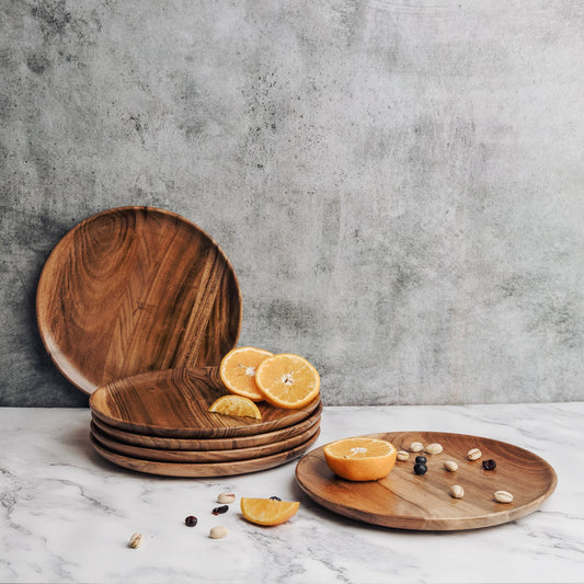 Dune Acacia Wood Plates | Set of 6 Large Plates | Natural Acacia Wood