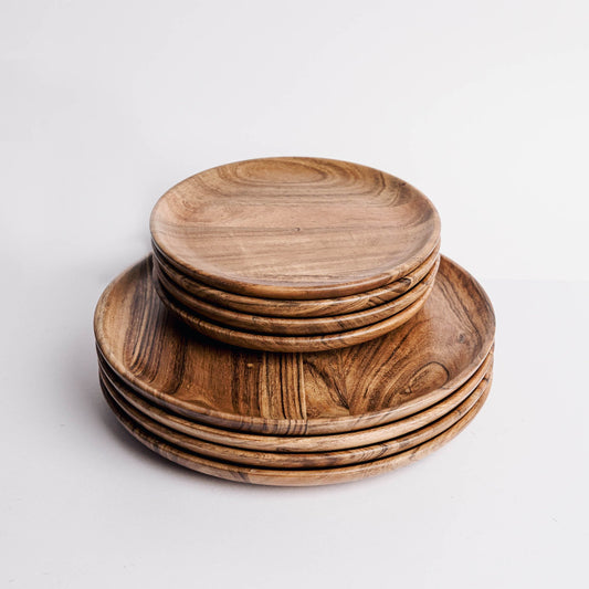 Dune Acacia Wood Plate Set | 8-Piece Dinnerware Collection | 4 Small & 4 Large