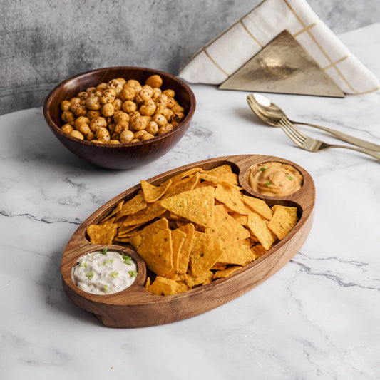 Domino Platter in Acacia Wood | Oval Serving Tray with Built-in Dip Wells