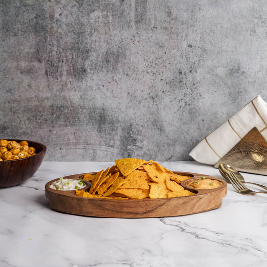 Domino Platter in Acacia Wood | Oval Serving Tray with Built-in Dip Wells