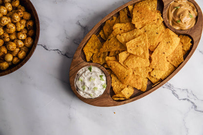 Domino Platter in Acacia Wood | Oval Serving Tray with Built-in Dip Wells