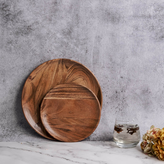 Dune Acacia Wood Plate Set | 2-Piece Dinnerware Essentials | 1 Large & 1 Small