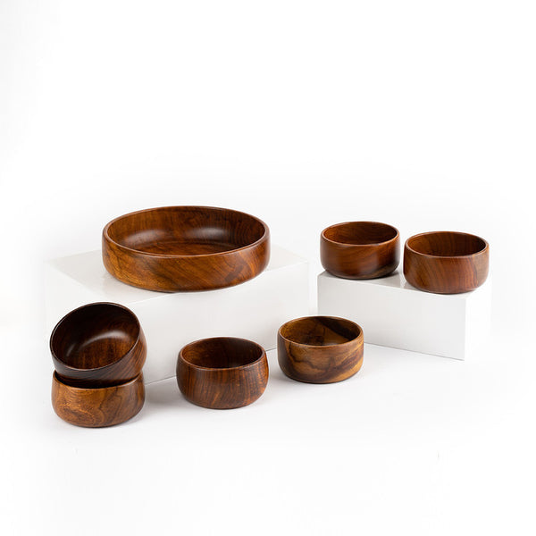 Baro Sheesham Wood Bowl Set | 1 Large & 6 Small Serving Bowls | Complete Dining Set