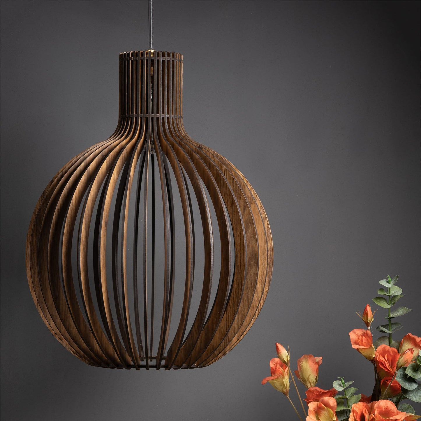 Bongo Pine Wood Ceiling Pendant Lamp | Large Globe Slatted Wooden Hanging Light