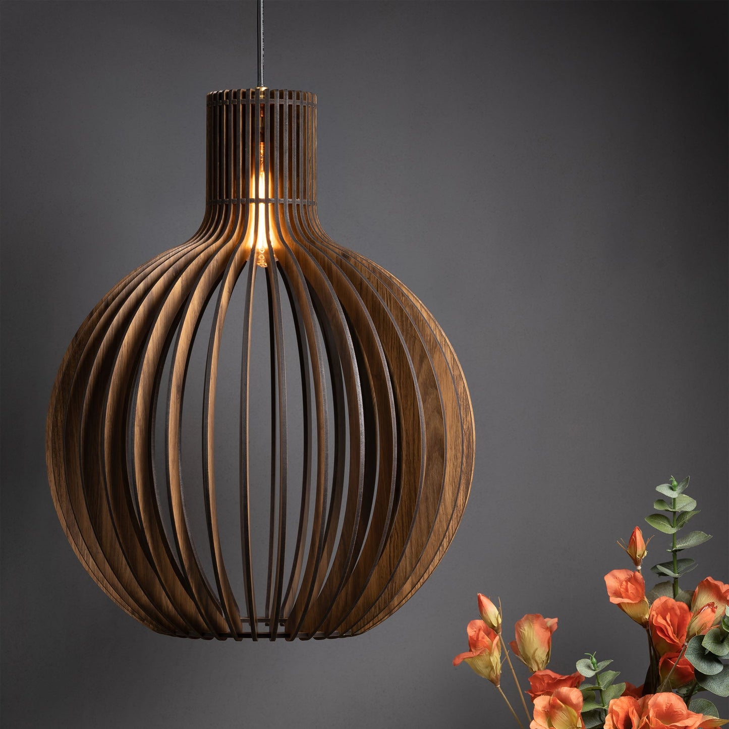 Bongo Pine Wood Ceiling Pendant Lamp | Large Globe Slatted Wooden Hanging Light