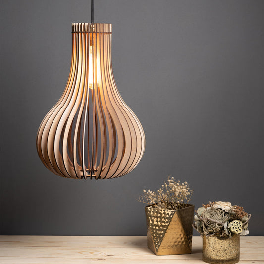 Barua Birch Ply Ceiling Pendant Lamp | Teardrop Slatted Wooden Hanging Light