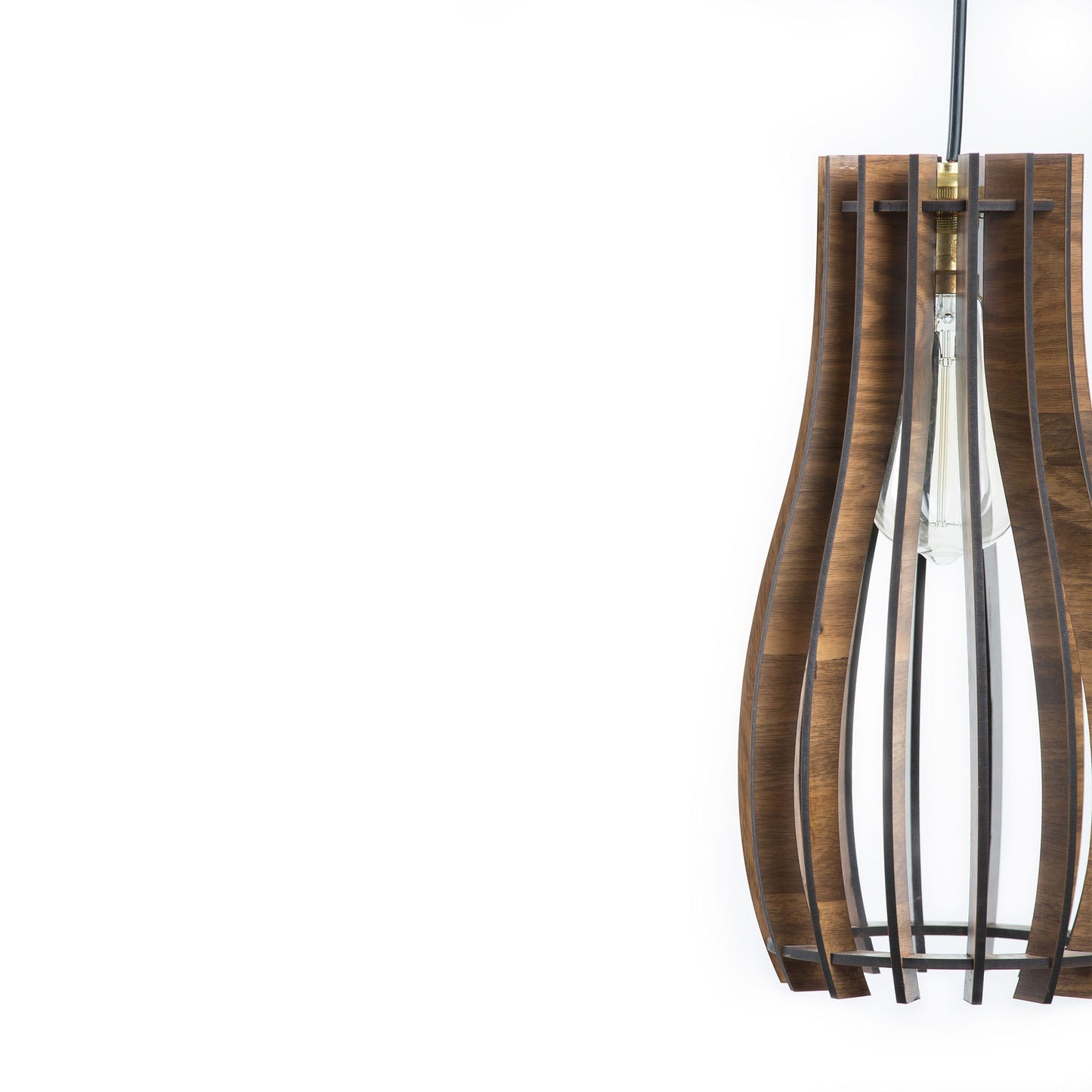 Longline Engineered Wood Ceiling Pendant Lamp | Slim Hourglass Slatted Wooden Hanging Light