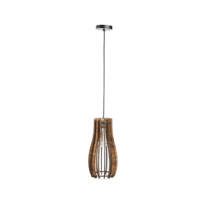 Longline Engineered Wood Ceiling Pendant Lamp | Slim Hourglass Slatted Wooden Hanging Light