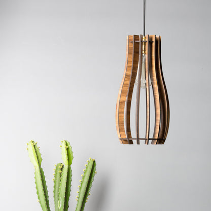 Longline Engineered Wood Ceiling Pendant Lamp | Slim Hourglass Slatted Wooden Hanging Light