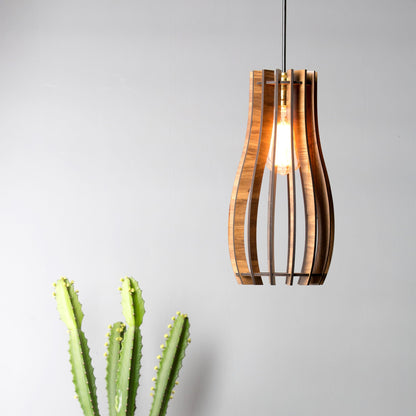 Longline Engineered Wood Ceiling Pendant Lamp | Slim Hourglass Slatted Wooden Hanging Light