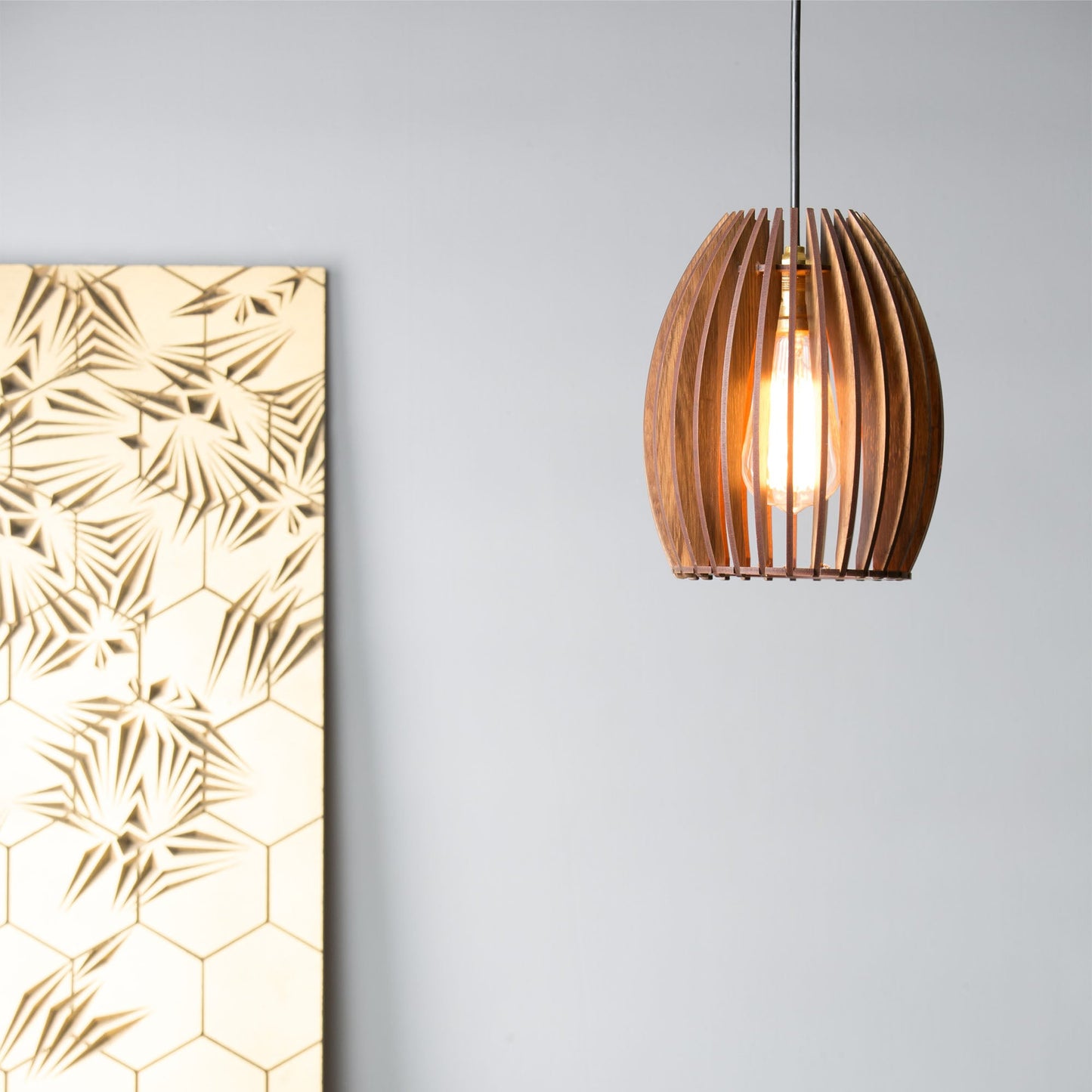 Carat Wood Ceiling Pendant Lamp | Compact Oval Slatted Wooden Hanging Light