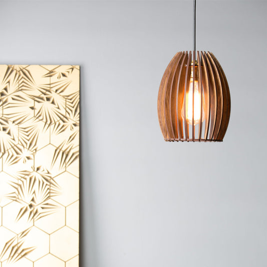 Carat Wood Ceiling Pendant Lamp | Compact Oval Slatted Wooden Hanging Light