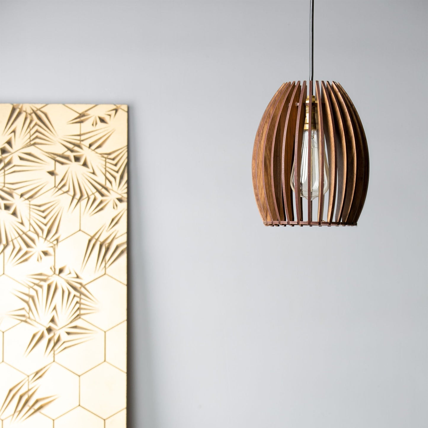 Carat Wood Ceiling Pendant Lamp | Compact Oval Slatted Wooden Hanging Light