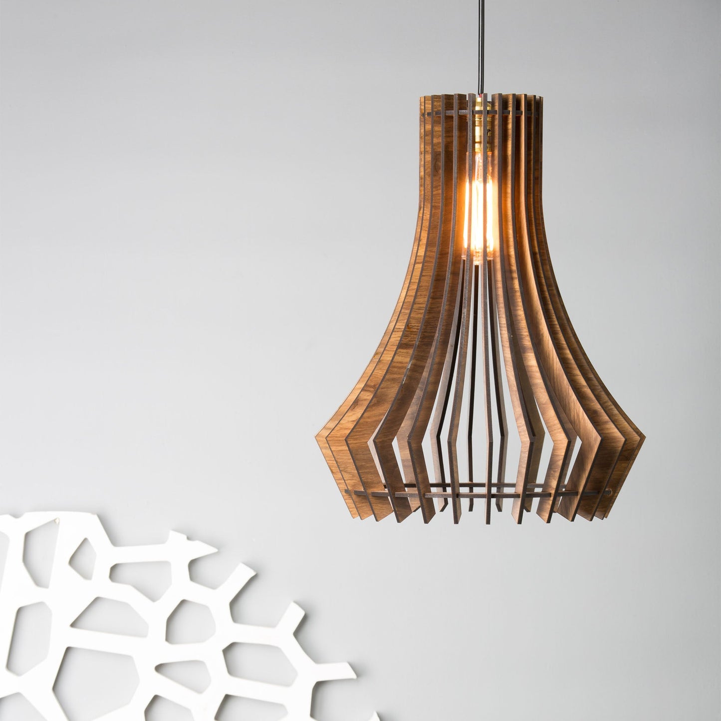 Bohem Pine Wood Ceiling Pendant Lamp | Angular Slatted Wooden Hanging Light