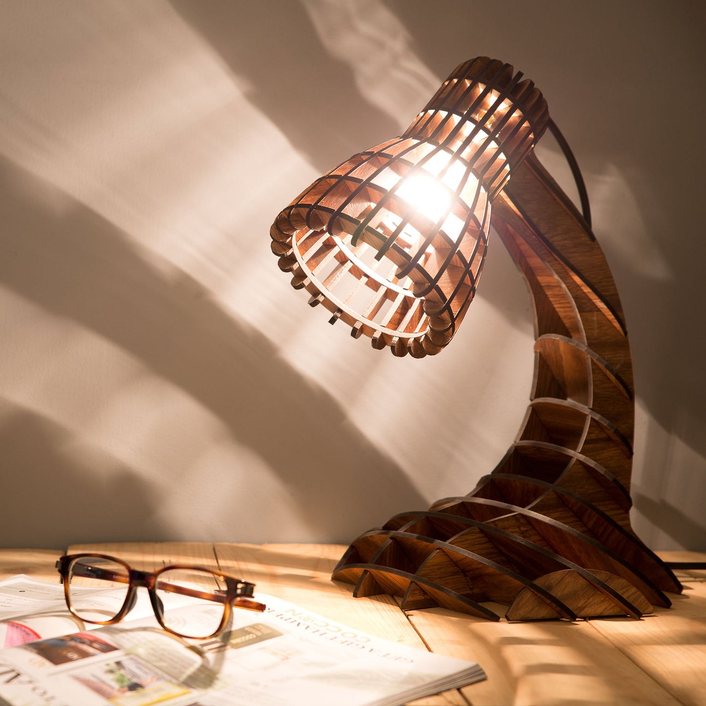 Sculptural Engineered Wood Desk Lamp | Slatted Wooden Table Light