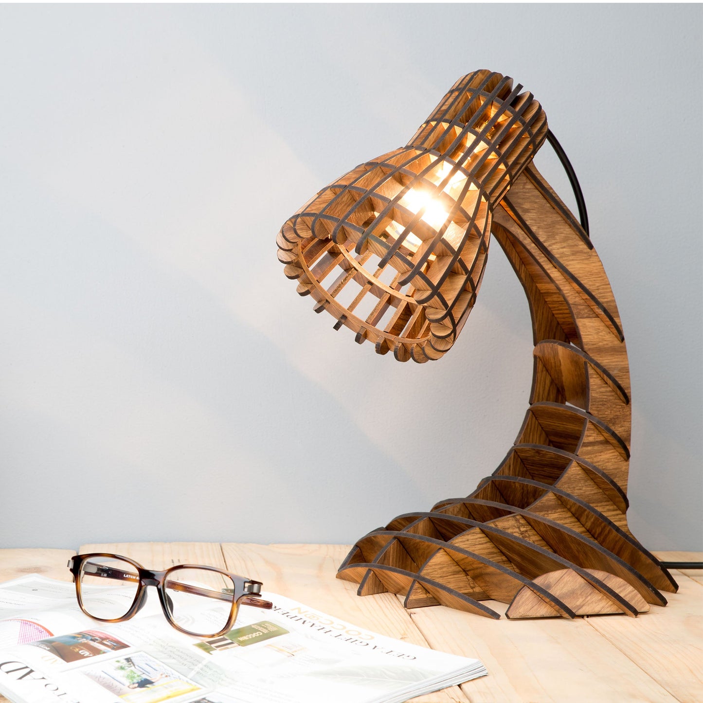 Sculptural Engineered Wood Desk Lamp | Slatted Wooden Table Light