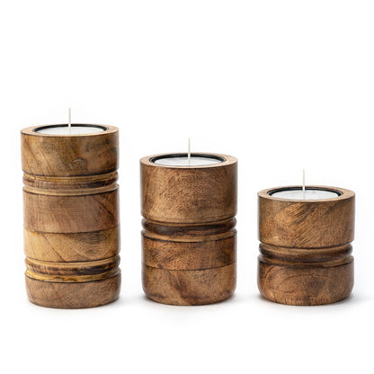 Baku Mango Wood Tealight Candle Holder | Burnt Finish | Set of 3 Sizes