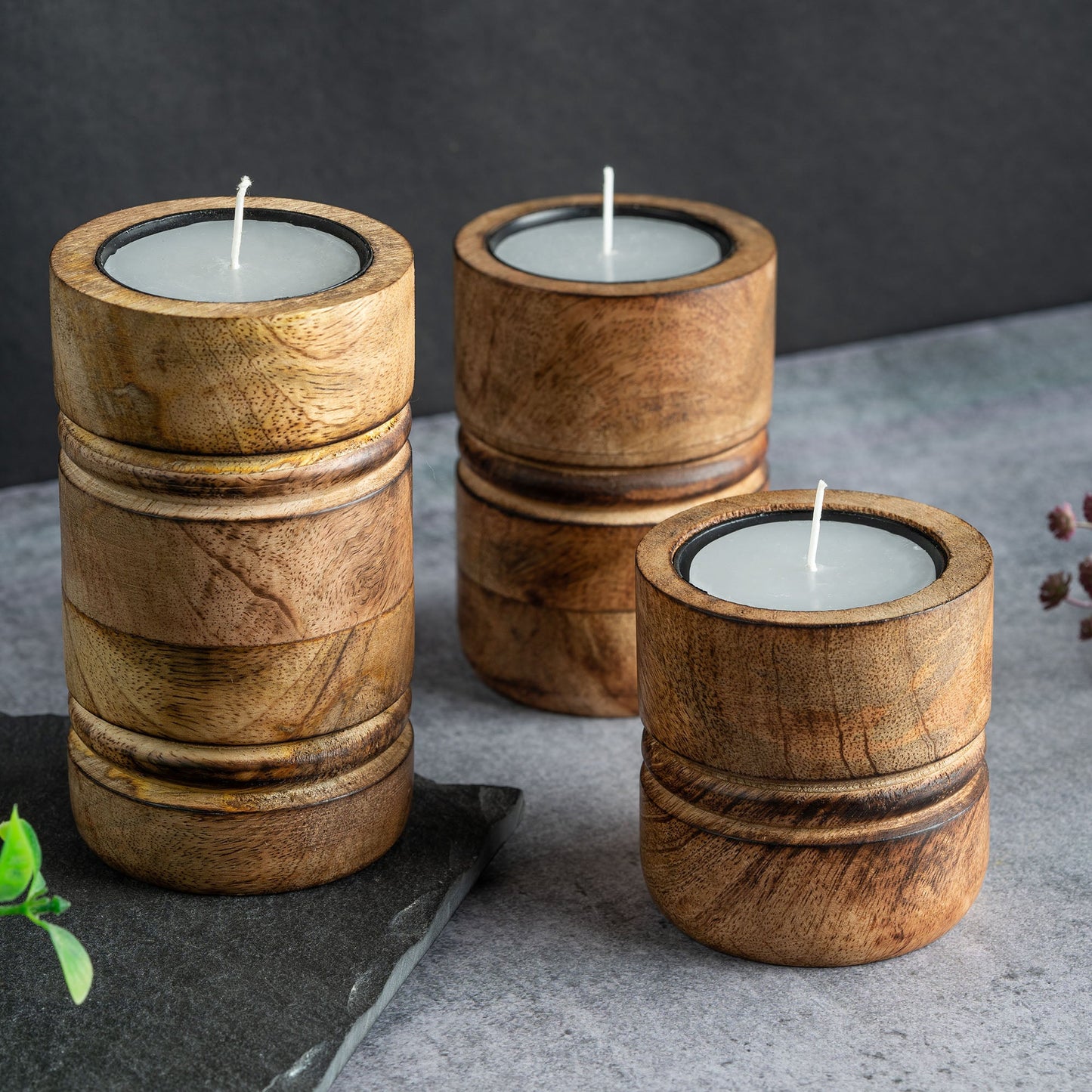 Baku Mango Wood Tealight Candle Holder | Burnt Finish | Set of 3 Sizes