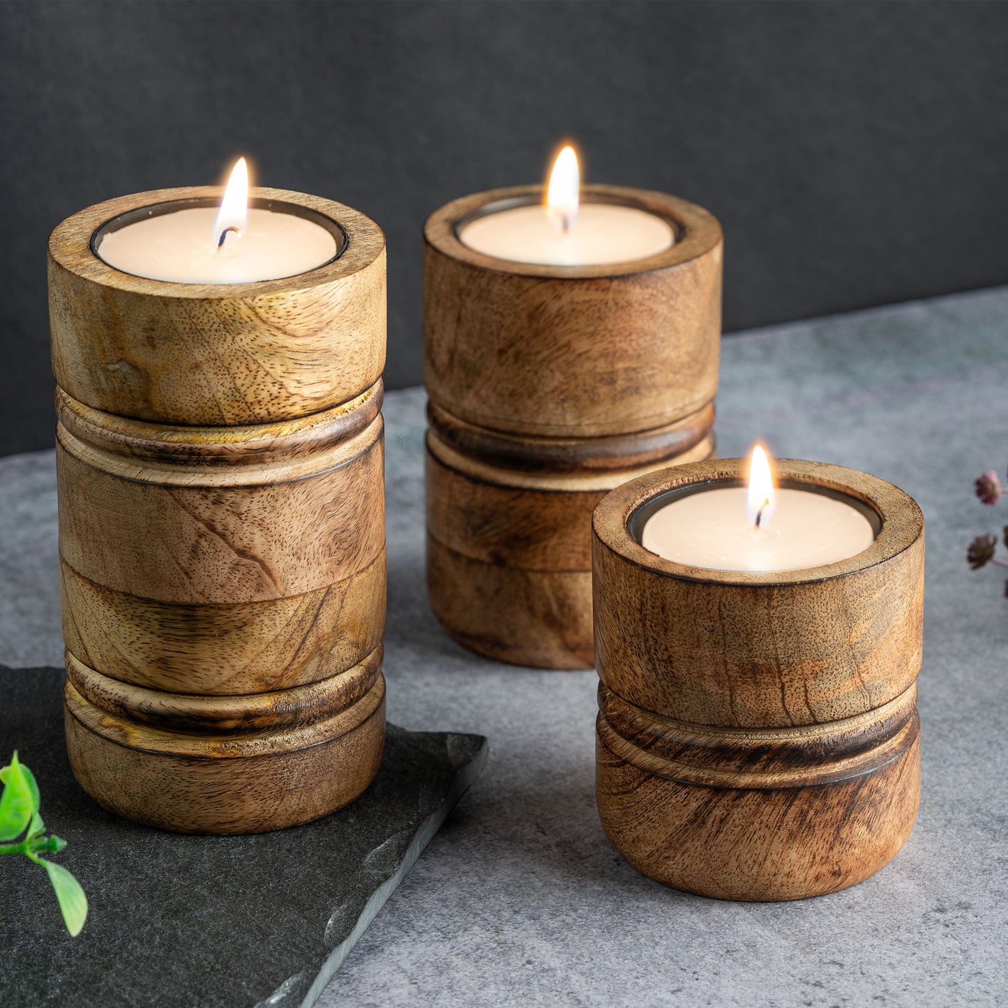Baku Mango Wood Tealight Candle Holder | Burnt Finish | Set of 3 Sizes