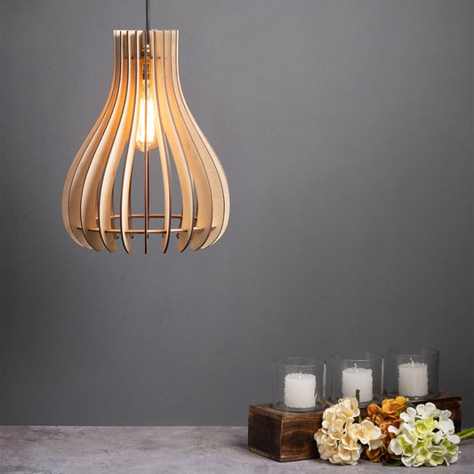 Baami Birch Ply Ceiling Pendant Lamp | Teardrop Slatted Wooden Hanging Light
