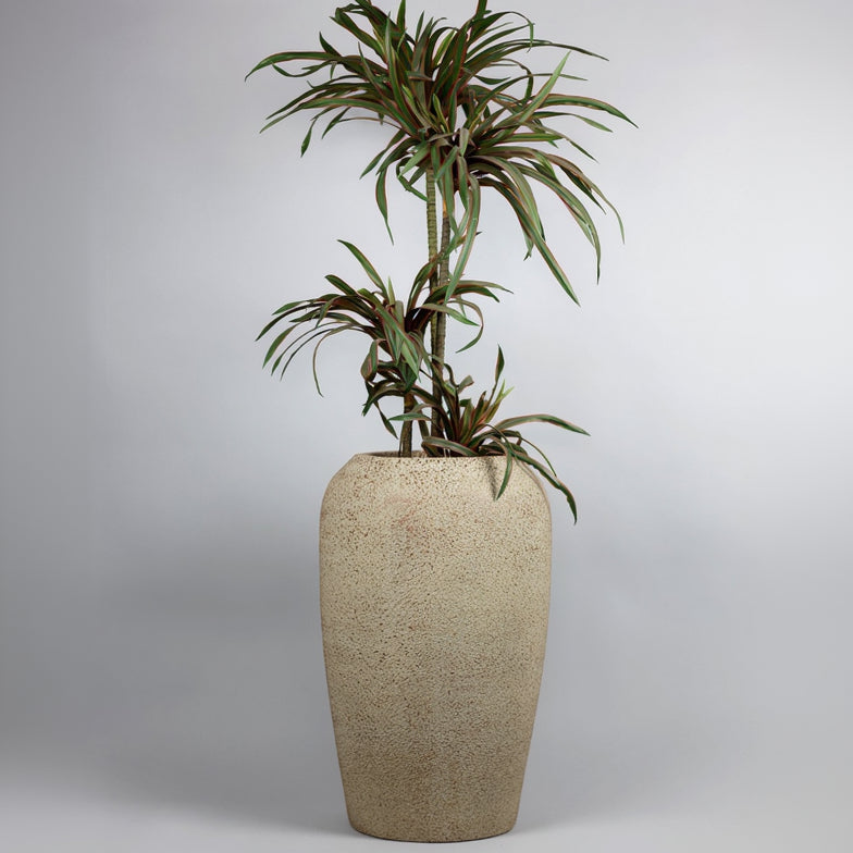 Tall beige textured planter with a green plant on a light gray background