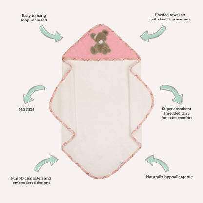 Hooded Towel with 2 Face Washers - Tender Heart