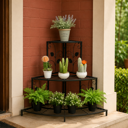 Three Tier Corner Stand – Decorative Black Iron Plant Display