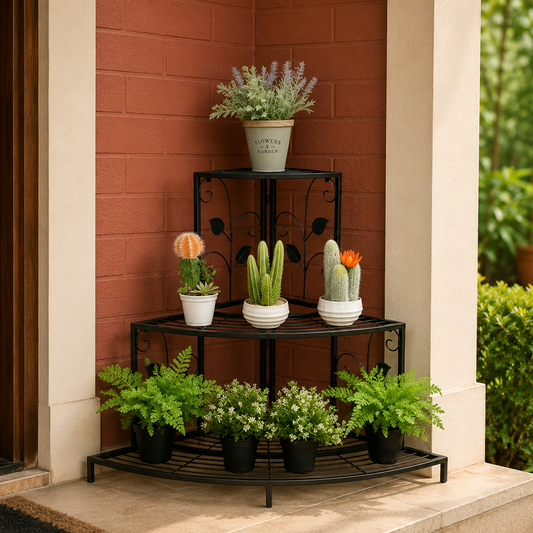 Three Tier Corner Stand – Decorative Black Iron Plant Display
