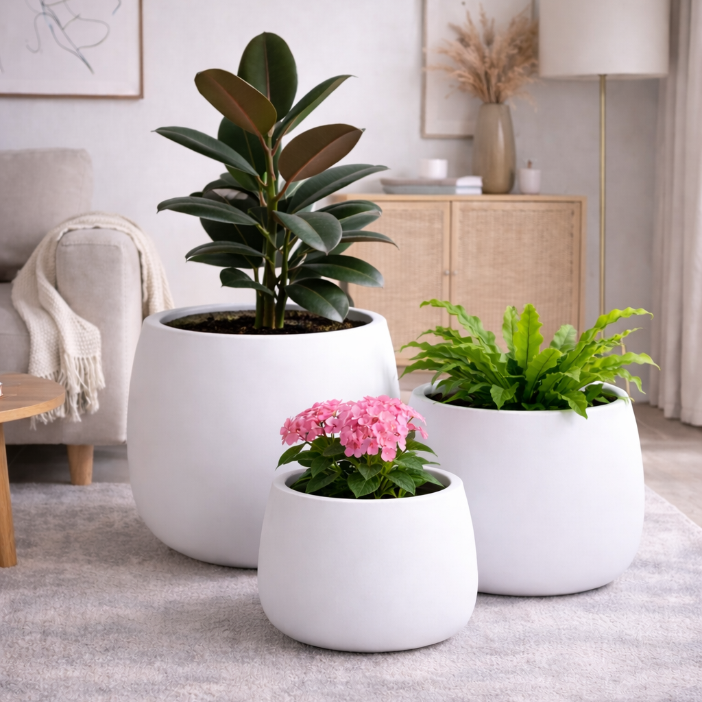 Three potted plants in a living room setting with a lamp and furniture.