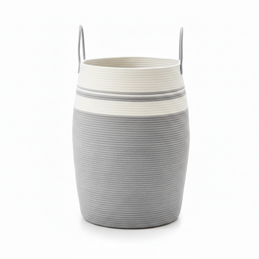 Tall Cotton Rope Storage Basket – Grey & White with Handles