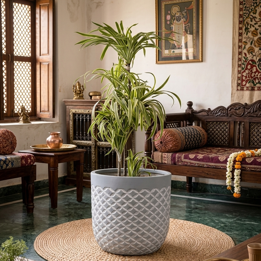 Vanila Grey Diamond Texture Fiberglass Planter