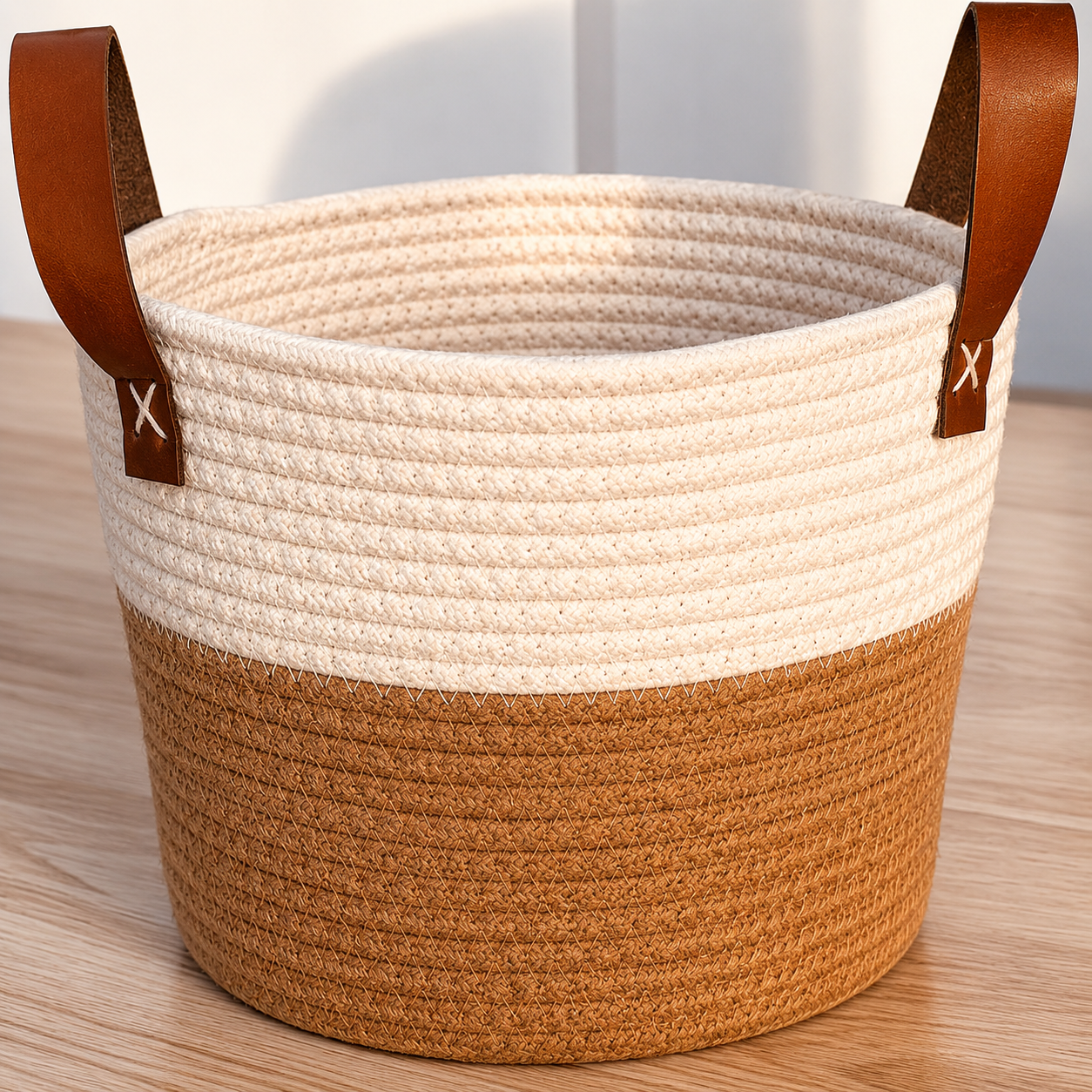 Versatile Round Jute Basket with PU Handle 9.5x7