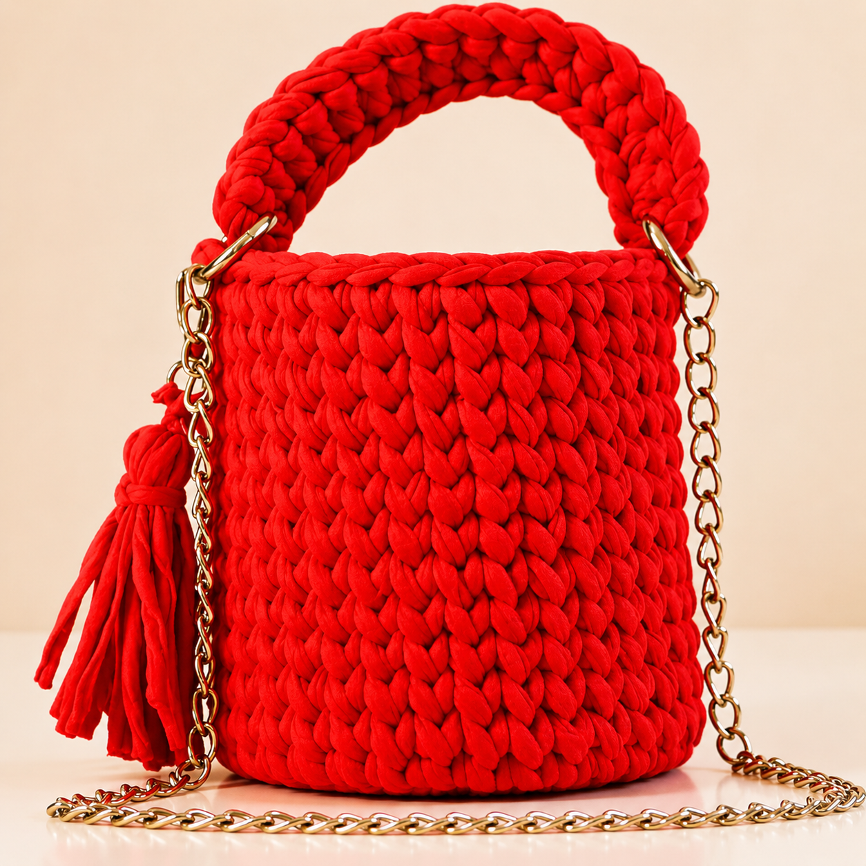 Handmade Vibrant Red Crochet Bucket Bag