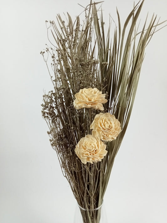 Pastel Yellow Sola Wood Rose Bouquet with Dried Grass & Baby's Breath