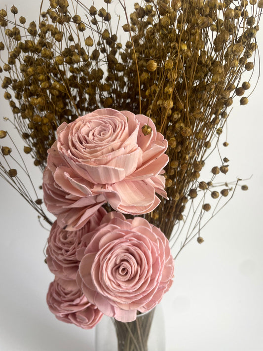 Pink Sola Wood Rose Bouquet with Dried Golden Seed Pod Stems