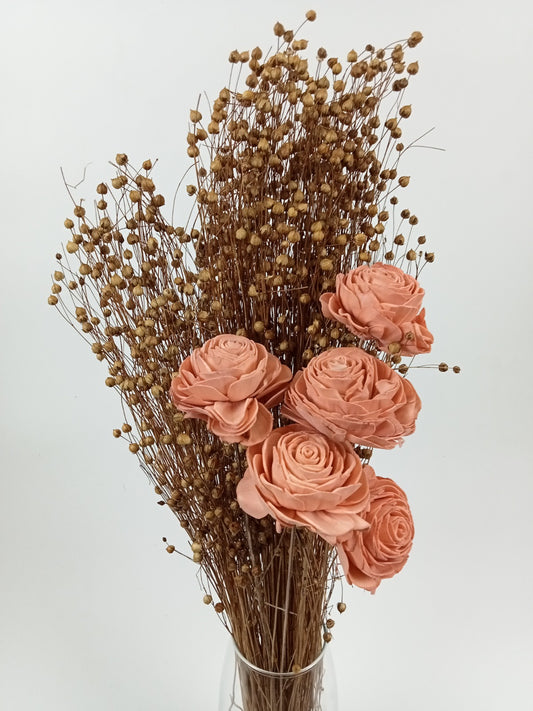 Peach Sola Wood Rose Bouquet with Dried Golden Seed Pod Stems