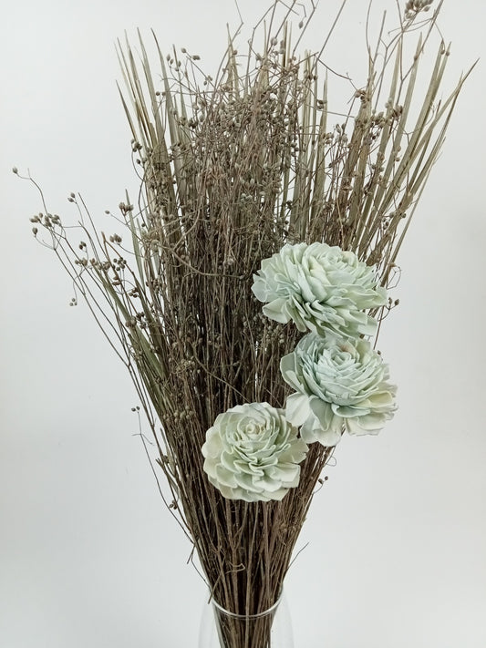 Light Green Sola Wood Rose Bouquet with Dried Twig & Seed Stems
