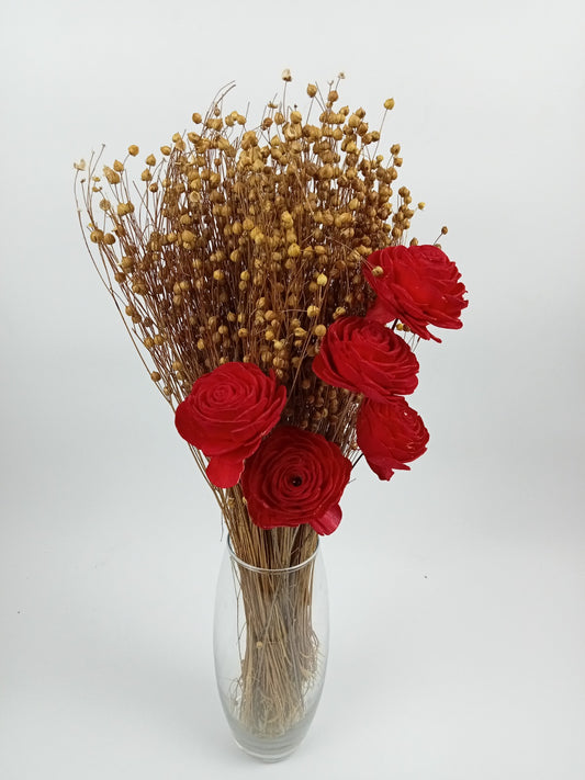 Red Sola Wood Rose Bouquet with Dried Golden Seed Pod Stems