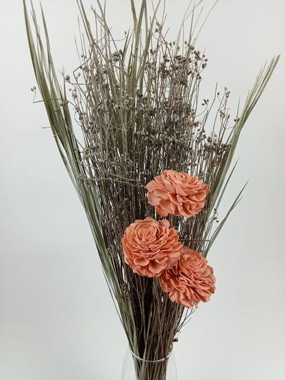 Coral Sola Wood Rose Bouquet with Dried Reed Grass & Seed Stems